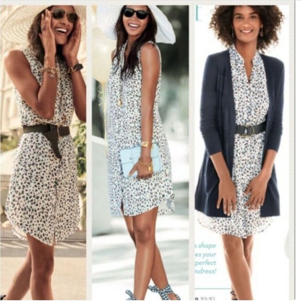 Cabi Womens Large 5233 Camilla Shirtdress White Blue Leopard Print Sleeveless XS